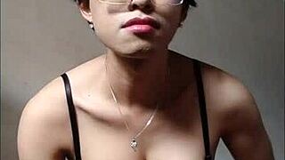 big tit asian shemale masturbate with cumshot, crossdressing solo fun 😈