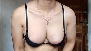 big tit asian shemale masturbate with cumshot, crossdressing solo fun 😈