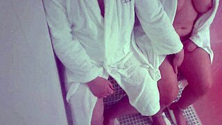 Slut wife fucks stranger at the sauna. Bent over doggystyle with creampie.