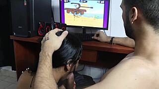 hermosa colombian girl enters her bearded stepbrother's room and starts touching herself while he plays on the computer