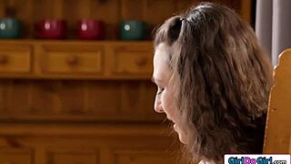 Teen licks her lesbian tutor's hairy pussy under the table 😏.