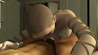 Big breast bald BDSM slave passionately sucks a small 18+ cuck's cock and pisses from behind.