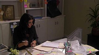 The beautiful brunette with big boobs is satisfying her horny boyfriend right in the study.