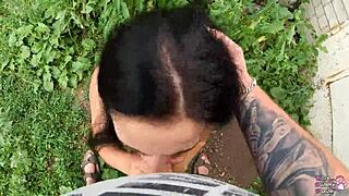 Horny student gives blowjob behind garages 😈