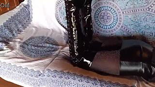 total black with fishnets pantyhose and over the knee boots