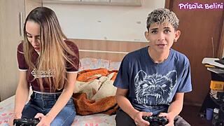 Gozei gostoso sits on her stepbrother's cock while stepmom is away