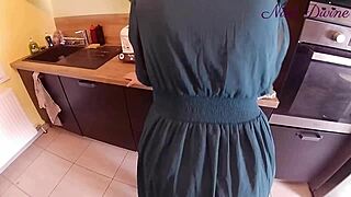 generous girl pulled aside her big panties to get fucked in the kitchen