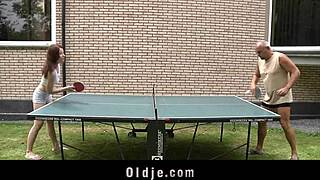 Watch this pervert old dude pump the silly cute redhead in the backyard!