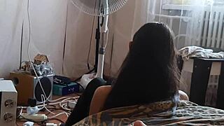 my stepsister sits near the fan and reads a book and i jerk off my big clit behind her back - lesbian illusion girls