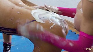 i love how these lesbian blondes rub food on their big tits n asses n lick each other b4 toys