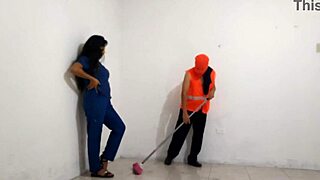 The dirty nurse flirts with the janitor and gives him a sloppy blowjob in the hospital!