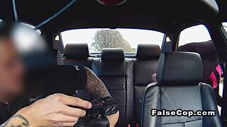 tattooed babe fucks wildly in police car in public view