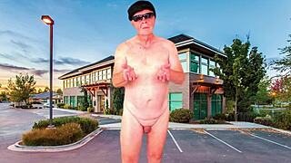 Stripping and masturbating in parking lot with big tits shaking