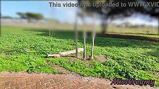 Stepmom Flashes Pussy in Public Park, Squirts with Stepmom's Help