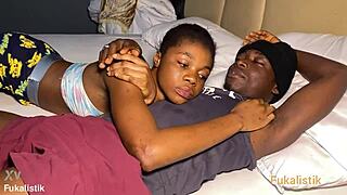 Black amateur with nice tits receives a big facial. Cum all over! 😉