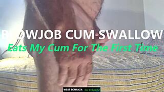blowjob cum swallow - eats my cum for the first time 😋