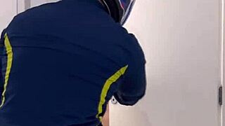 Motoboy enters women's bathroom and fucks woman pissing, she cums hard on his cock and begs for more