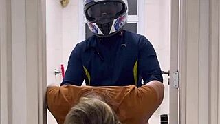 Motoboy enters women's bathroom and fucks woman pissing, she cums hard on his cock and begs for more