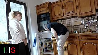 Slutty blonde milf bent over fucked in kitchen