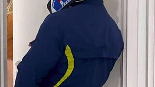 Motoboy enters women's bathroom and fucks woman pissing, she cums hard on his cock and begs for more