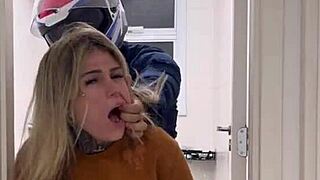 Motoboy enters women's bathroom and fucks woman pissing, she cums hard on his cock and begs for more