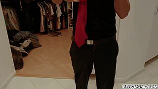 Sheena Ryder jerks off stepson's cock before date, casually chatting.