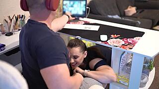 Naughty secretary gives boss a blowjob during zoom meeting, swallowing cum