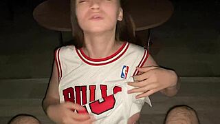 Good girl, give your stepdad a deep blowjob while kneeling. Cum on big natural tits.