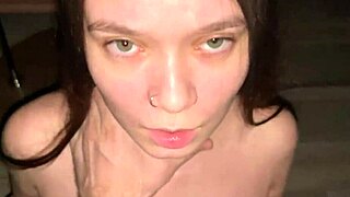 Good girl, give your stepdad a deep blowjob while kneeling. Cum on big natural tits.