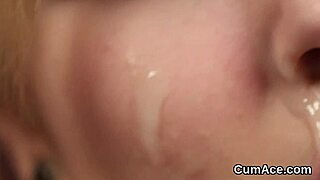 This unusual stunner gets a cum load on her face, gulping all the jizm