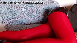 The milf with beautiful legs in red pantyhose and black heels