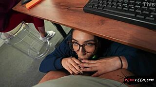 Intense classroom blowjob under desk