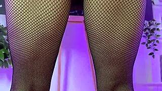 nylon club putting on fishnet tights