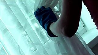 Sexy blonde cleans bedroom naked, no panties, stepdad enters for shaved pussy doggystyle and handjob 😈