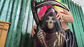 Perverted Old Woman On Halloween! Sexy 60-Year-Old With Big Tits And Juicy Vagina, Cheating Whore Making Porn!