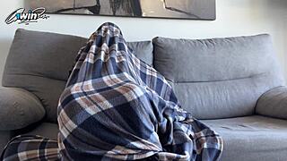 Step sister catches step brother jerking off, gives handjob while watching porn