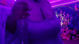 Chubby BBW with big natural tits worships huge black cock in purple lingerie