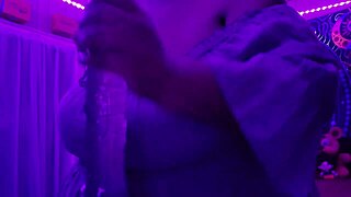 Chubby BBW with big natural tits worships huge black cock in purple lingerie