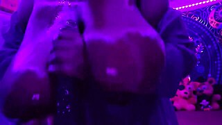 Chubby BBW with big natural tits worships huge black cock in purple lingerie