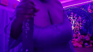 Chubby BBW with big natural tits worships huge black cock in purple lingerie