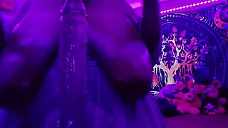 Chubby BBW with big natural tits worships huge black cock in purple lingerie