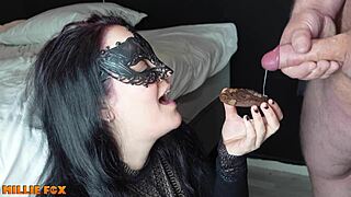 Amateur milf Millie Fox eats cum from big cock, swallows thick load, and gets cum on food