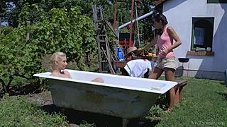 Blonde Nesty And Brunette Shrima Malati Lick Pussies Outdoors!