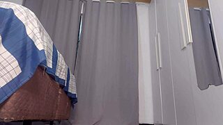 Stepfather caught masturbating behind curtain