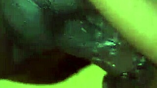 Pretty girl bent over in doggystyle, her huge swollen pussy dripping wet as he creampies her