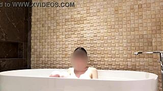 Amateur asian brunette bathes in luxury hotel with cute feet