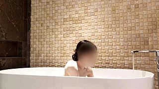 Amateur asian brunette bathes in luxury hotel with cute feet