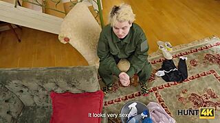 Flexible teen cuckold watches military man fuck shaved pussy on sofa