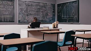 The horny teacher fucks the naughty colleague in the classroom.