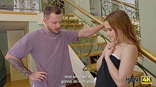 Flexible teen cuckold watches military man fuck shaved pussy on sofa